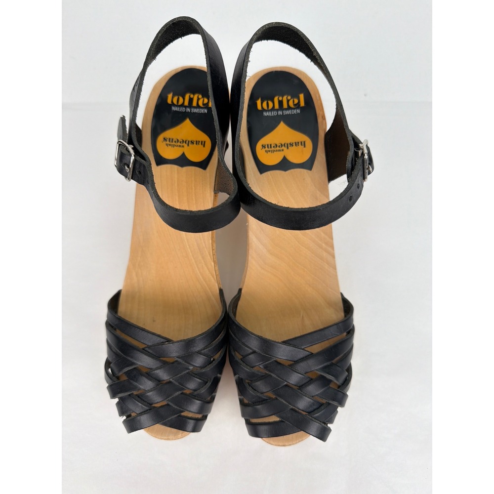 Swedish Hasbeens Toffel Clogs 41 Black Woven Leather Wood Platform Retro Boho